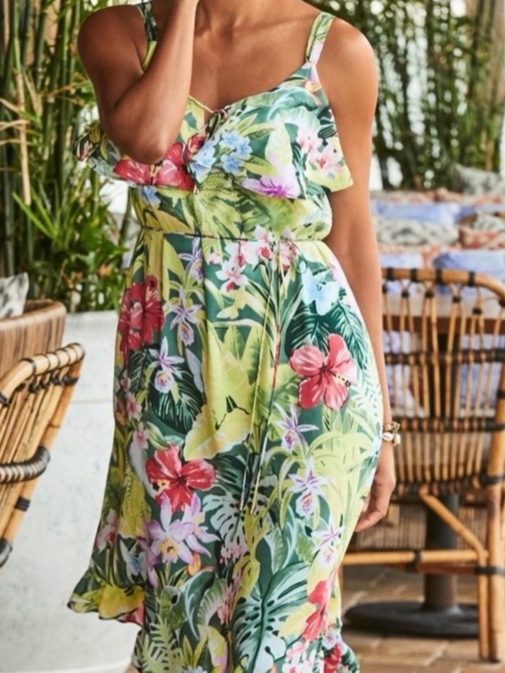 Tropical Floral Print Ruffle Dress Green / Multi